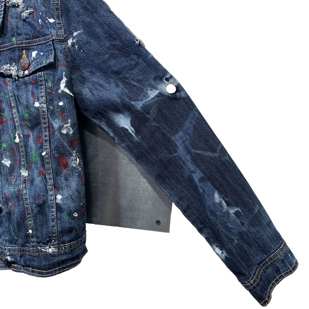 Jean Jacket Hand Painted Embellished Miami Cityscape Pocket One of A Kind - Picture 13 of 16